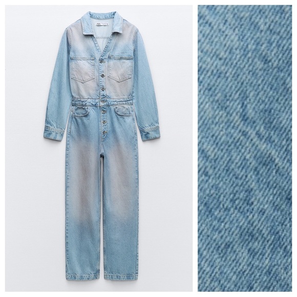 NWT. Zara Z1975 Pink Color Washed Effect Dyed Denim Jumpsuit. Size M. - Picture 7 of 14